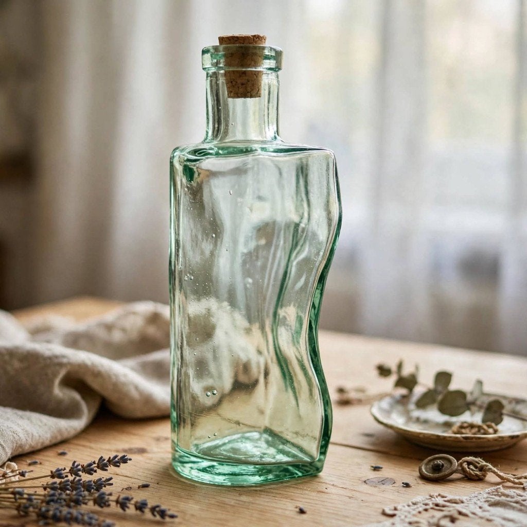 Brocante  Glazen Flesje met Kurk -  Wonky Bottle, Ophalen of Verzenden