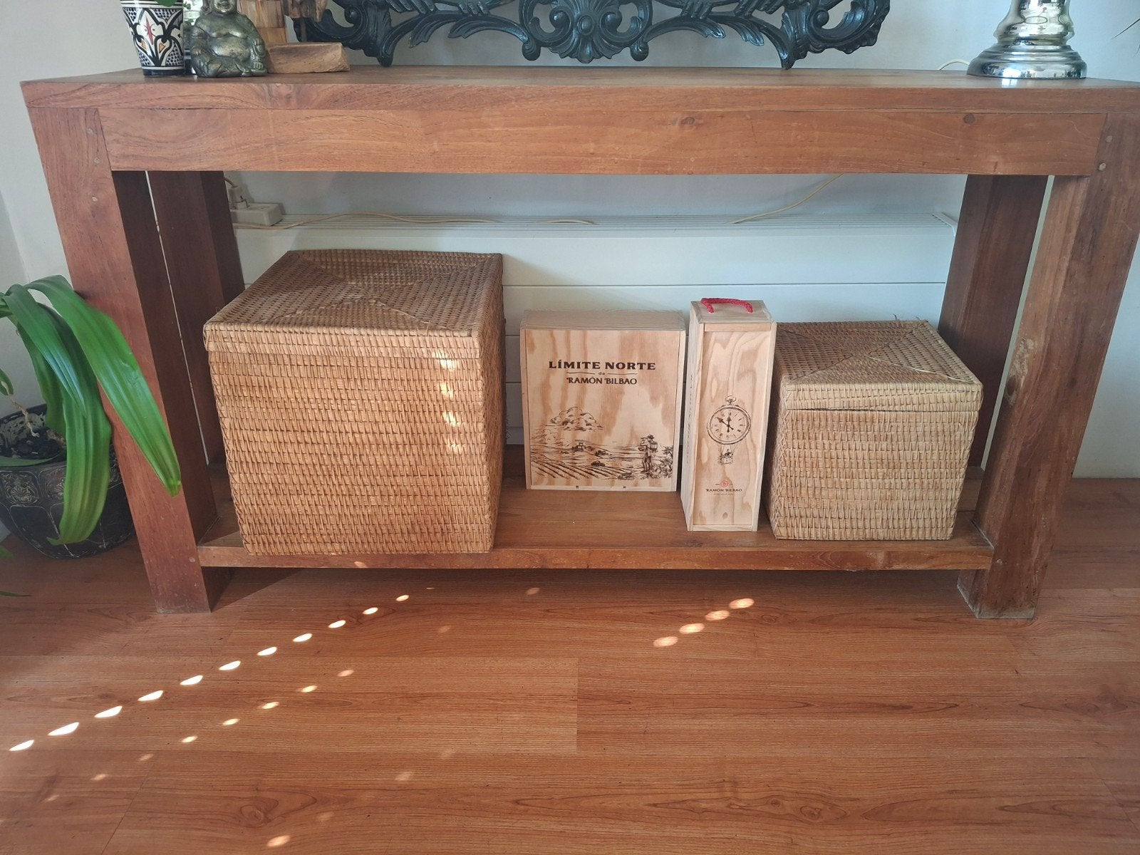 2 Teakhouten Sidetables - 150x37x95 cm, Ophalen, Gebruikt, 100 tot 150 cm, Teakhout