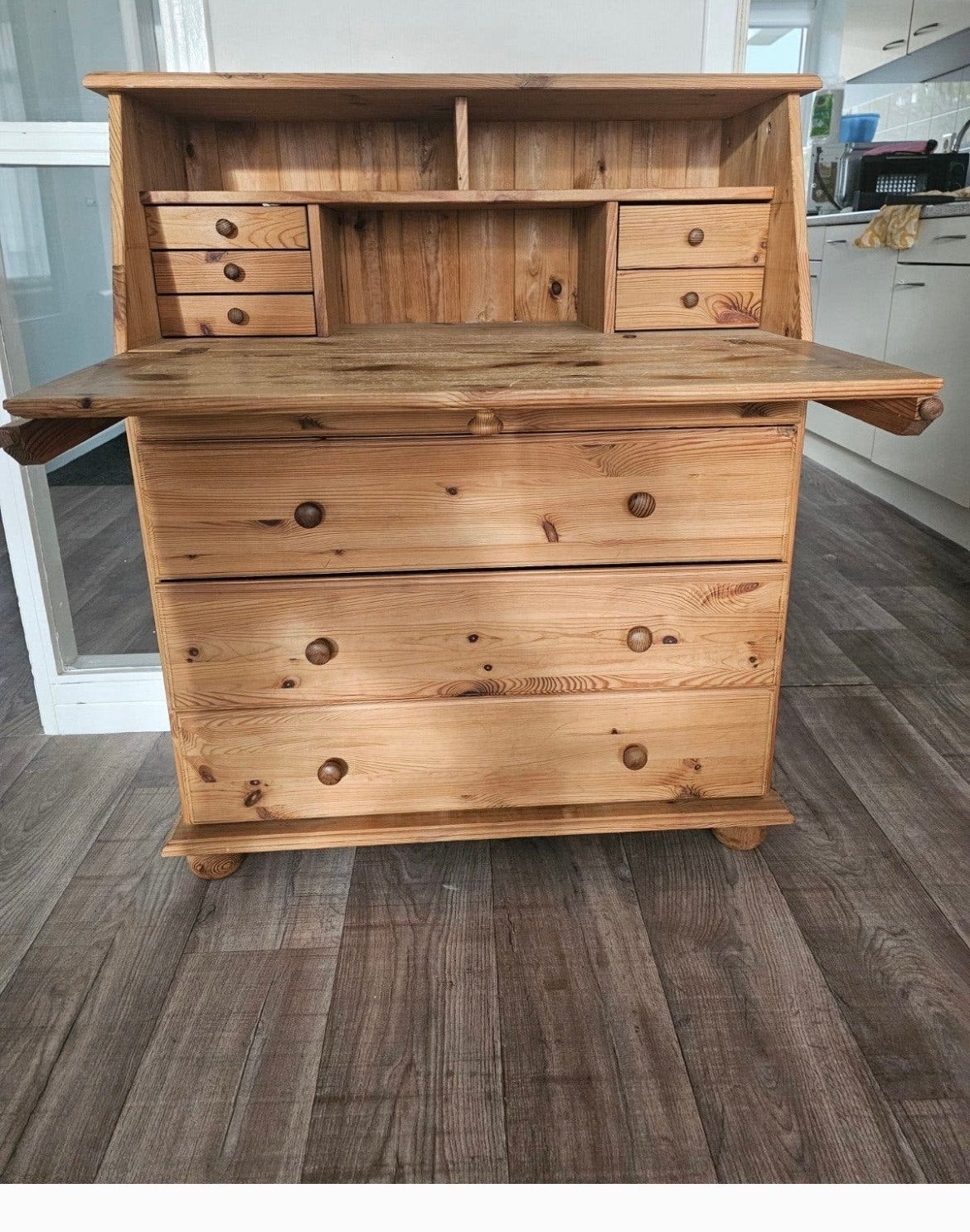 Vintage grenen secretaire met lades, Ophalen of Verzenden
