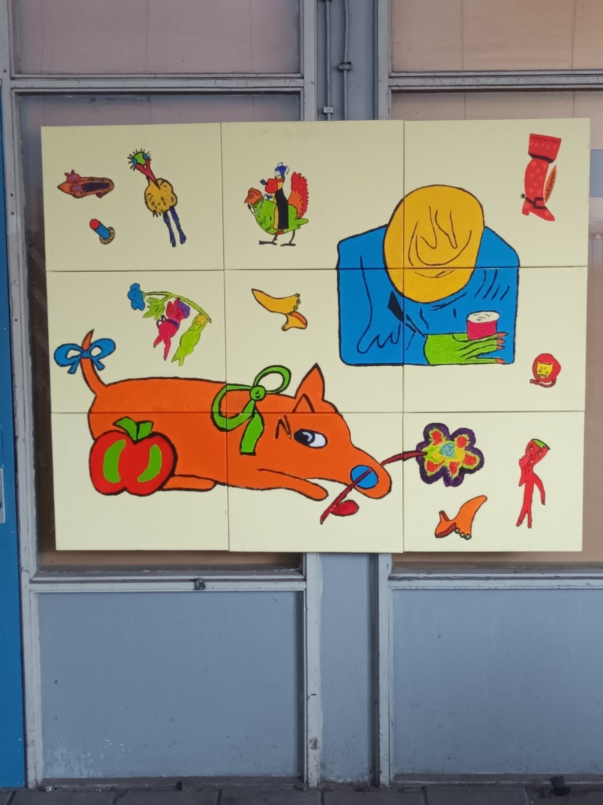 Vrolijk en kleurrijk schilderij met dieren en figuren, Ophalen of Verzenden