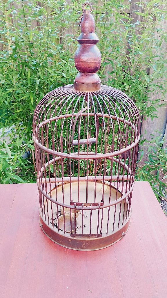 Antieke vintage koperen vogelkooi met accessoires, Ophalen of Verzenden