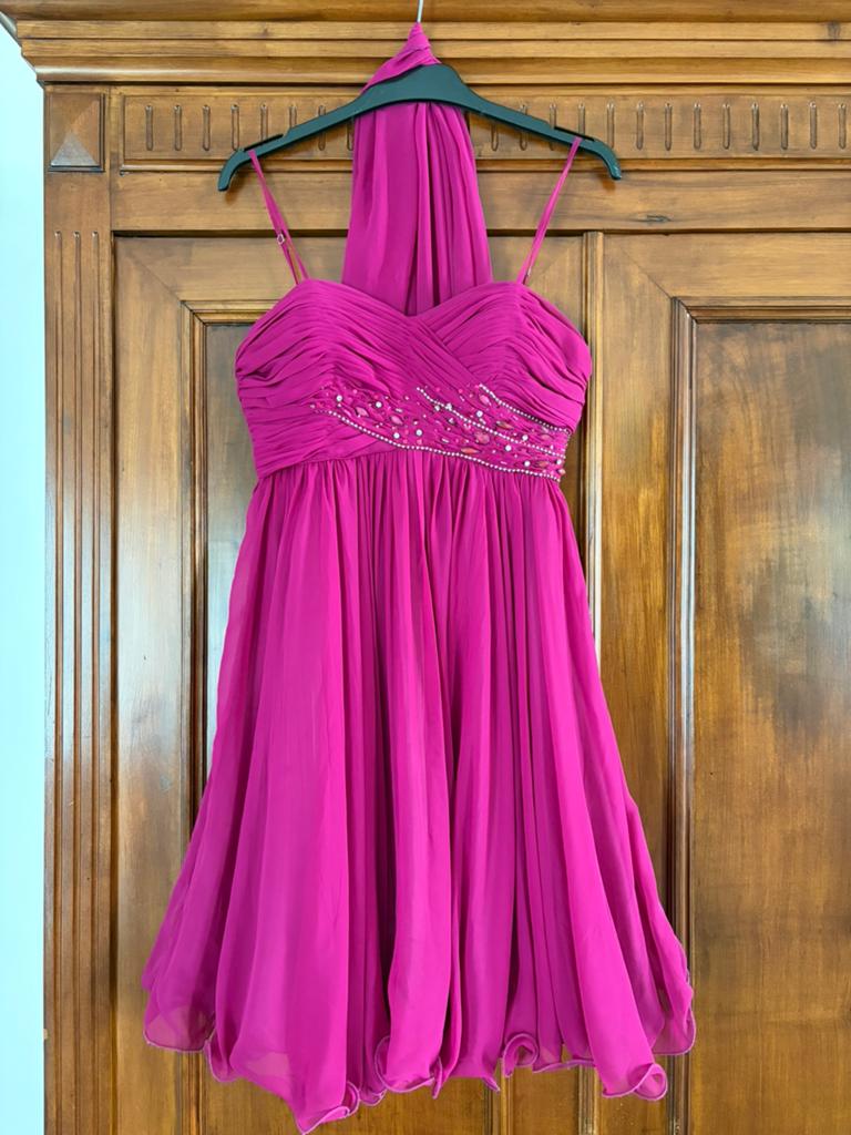Cocktailjurk maat S in fuchsia roze paars, Ophalen of Verzenden, Zo goed als nieuw, Roze, Knielengte