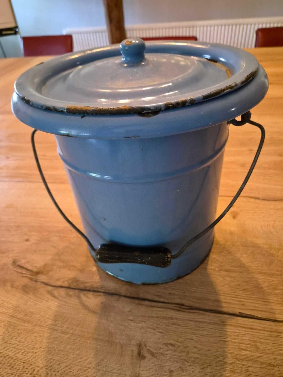 Antieke emaille po emmer, lichtblauw, met deksel en hengsel, Ophalen of Verzenden