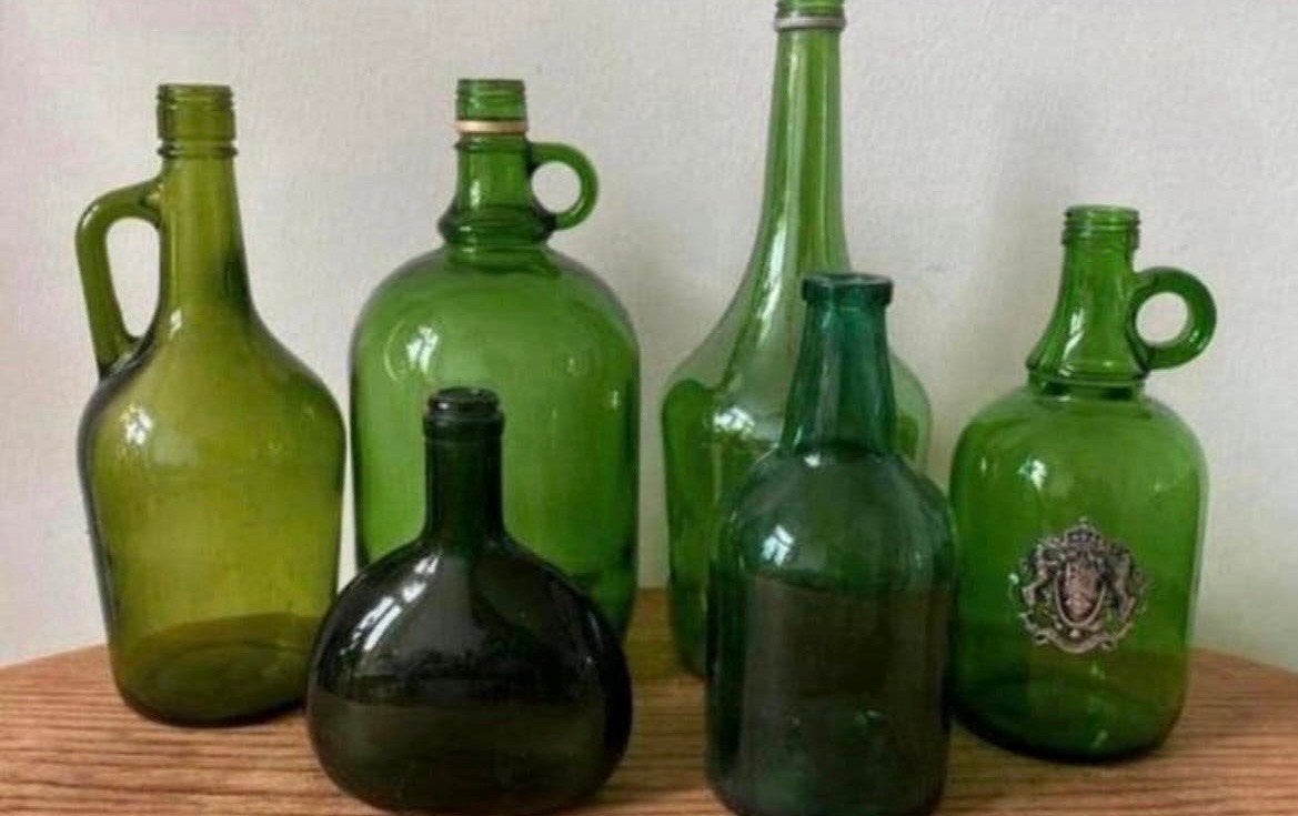 Set van 6 antieke groene glazen flessen, Ophalen of Verzenden