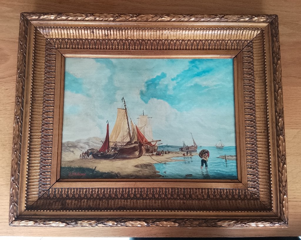 Olieverf schilderij zeegezicht goudkleurige lijst gesigneerd, Ophalen of Verzenden, Olieverf, Klassiek, Maritiem / water