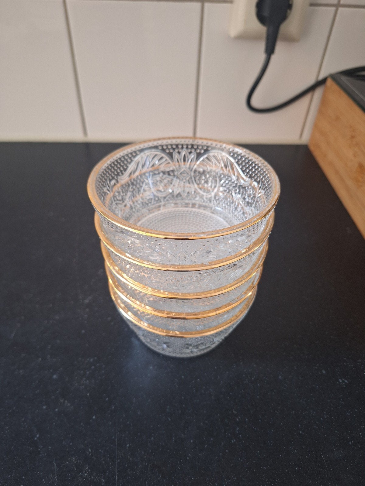 Set van 5 vintage glazen schaaltjes met gouden rand, Huis en Inrichting, Gebruikt, Vintage, Ophalen of Verzenden, Glas