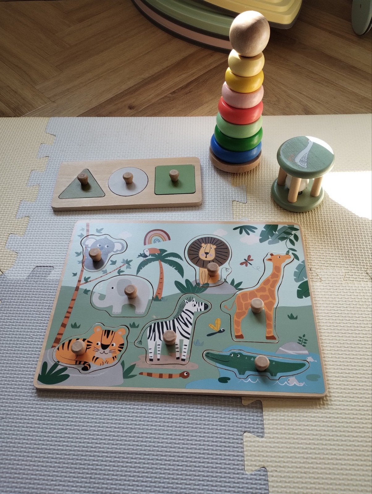 Houten speelgoed set: stapelringen, puzzels, rammelaar, Ophalen of Verzenden, Zo goed als nieuw, Overige typen