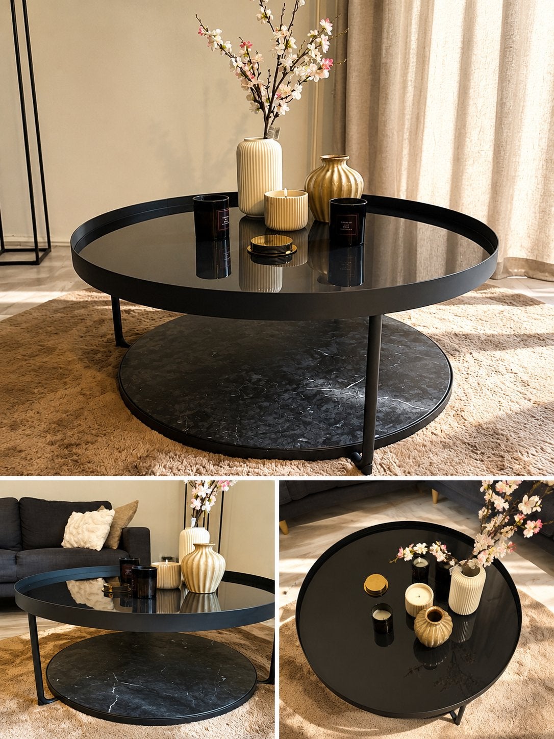 Moderne ronde salontafel met marmerlook, Huis en Inrichting, Tafels | Salontafels, Ophalen, Rond, 50 tot 100 cm, Zo goed als nieuw