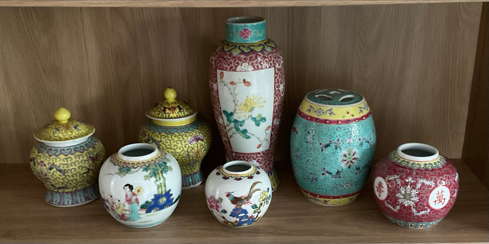 7 x Chinese gemberpot, Jingdezhen, Wan Shou Wu Jiang ‘60/‘70, Ophalen of Verzenden