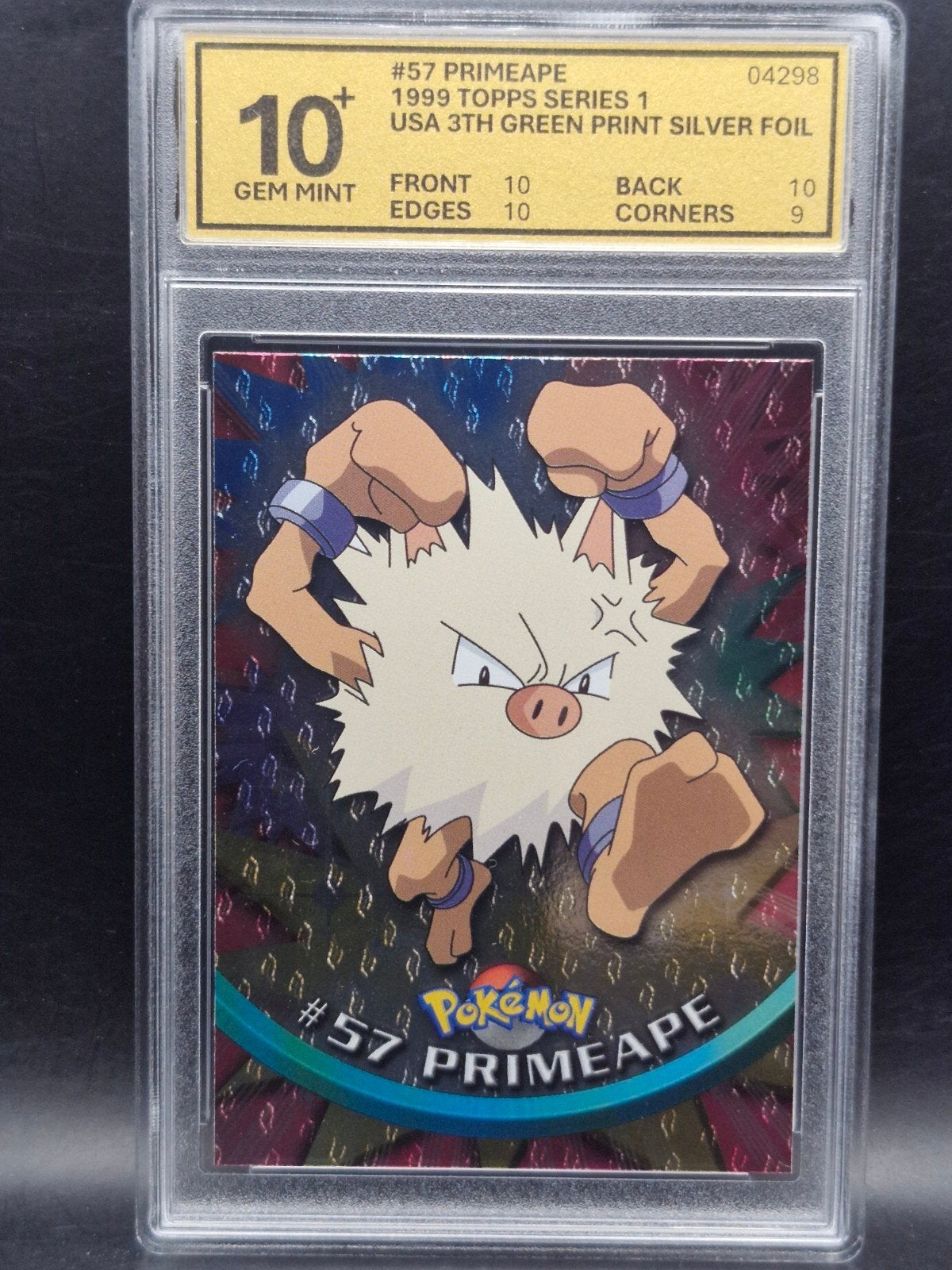 Primeape 1999 topps Series 1 #57 woetoe grading 10+, Verzenden, Zo goed als nieuw, Losse kaart, Foil