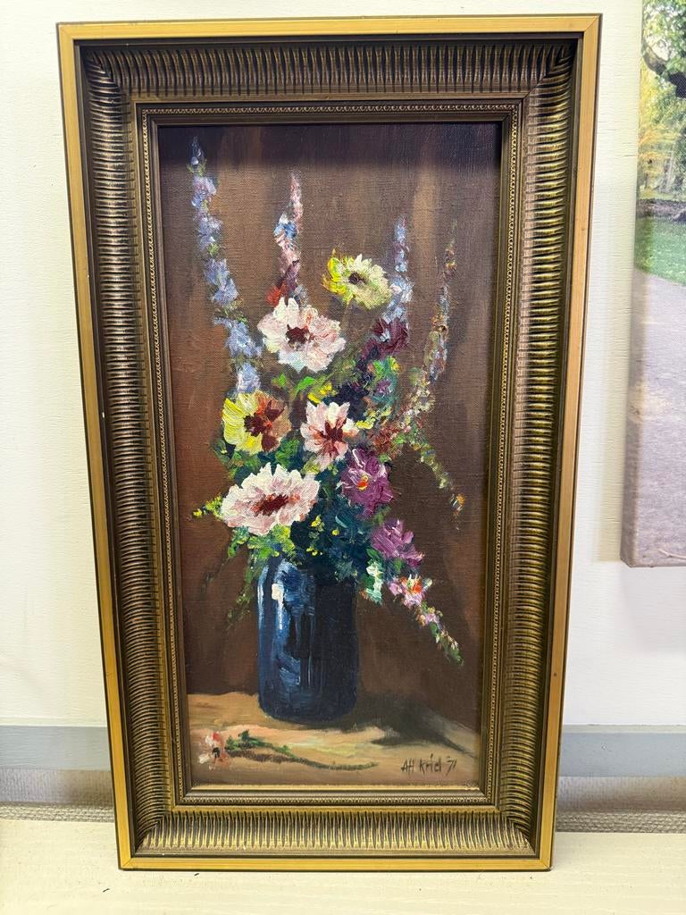 Olieverfschilderij bloemenvaas, gesigneerd AH Kriel '71, Antiek en Kunst, Kunst | Schilderijen | Klassiek, Ophalen