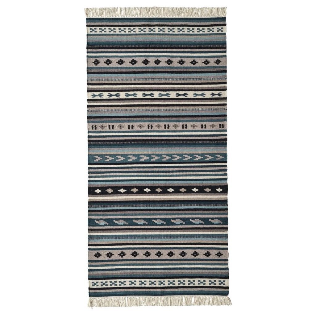 IKEA KATTRUP vloerkleed platgeweven handmade blauw 75x150cm, Ophalen, Crème, 50 tot 100 cm, Zo goed als nieuw