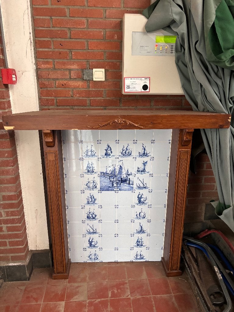 Houten haardschouw Delfts Blauw tableau keramiek, Ophalen, Gebruikt, Vrijstaande haard, Overige soorten