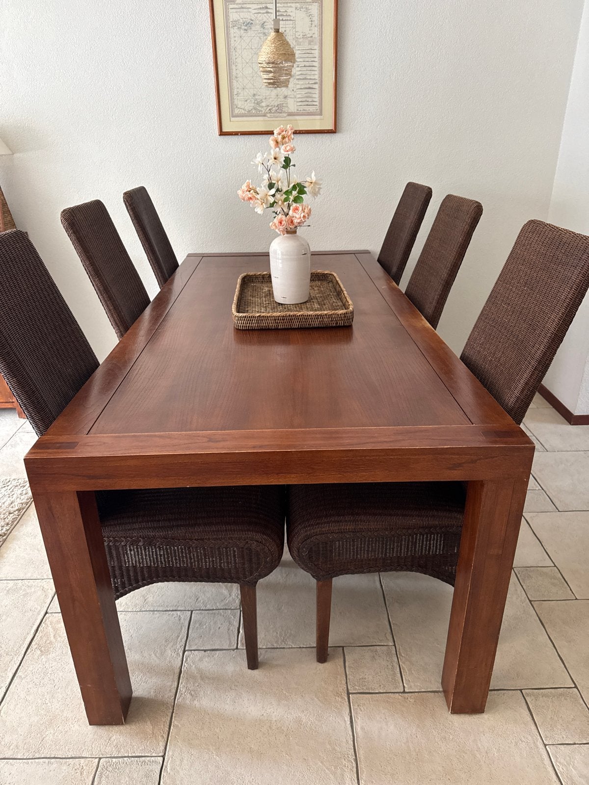 Meranti hardhouten eettafel met 6 Loom stoelen, Ophalen, Gebruikt, 200 cm of meer, 50 tot 100 cm