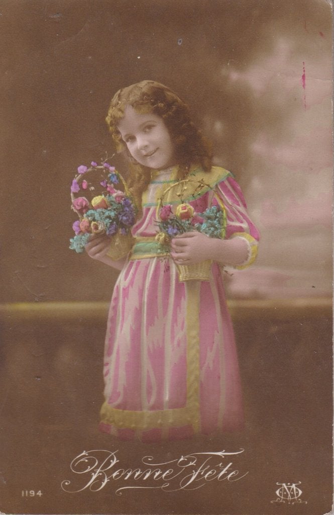 Meisje lang haar en bloemen. Zeer oude AK., Verzamelen, Ophalen of Verzenden, Voor 1920, Gelopen, Kinderen