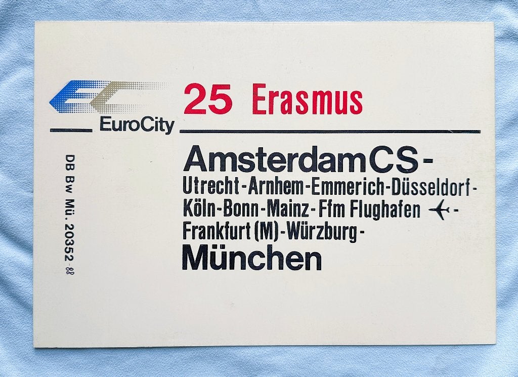 DB koersbord EuroCity 24/25 Erasmus München - Amsterdam & vv, Verzamelen, Verzenden, Gebruikt, Trein, Kaart of Prent