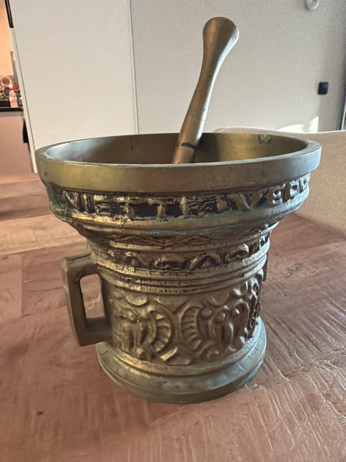Antieke Bronzen Vijzel met Stamper mooie patina, Ophalen of Verzenden, Brons