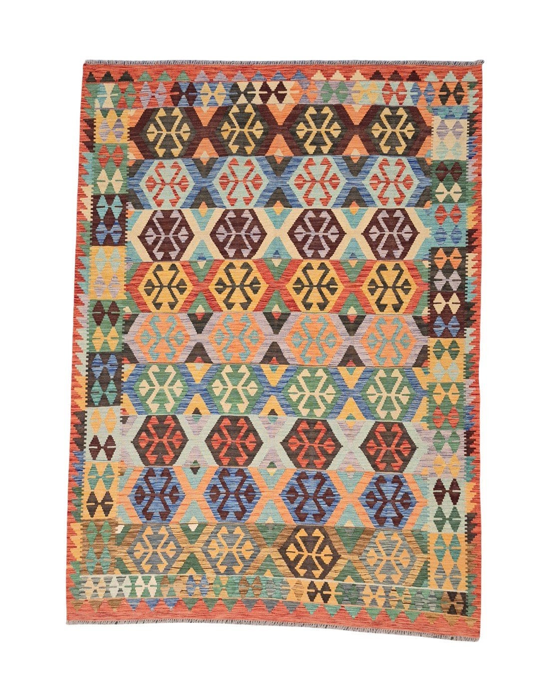 afgan Tribal Kelim 240x174 wollen vloerkleed flatweave, Info@rugsandcarpets.nl, De handelmaatschappij, Geel, Ophalen of Verzenden