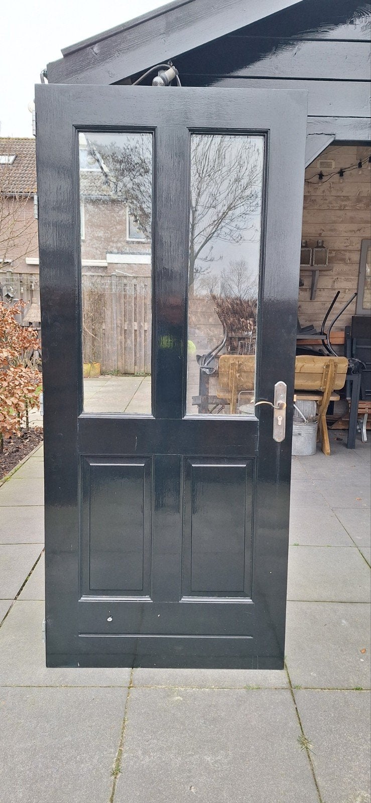 Buitendeur met glas en panelen - Zwart/Wit, Ophalen, Gebruikt, 80 tot 100 cm, 200 tot 215 cm