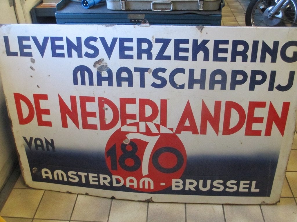 Oud Emaille bord levensverzekering 1870 Amsterdam-Brussel, Antiek en Kunst, Curiosa en Brocante, Ophalen