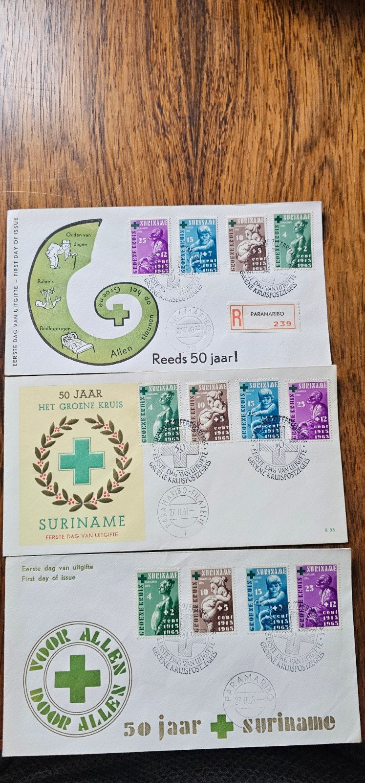 3 FDC's Suriname E35 - 50 Jaar Het Groene Kruis, Postzegels en Munten, Postzegels | Suriname, Verzenden