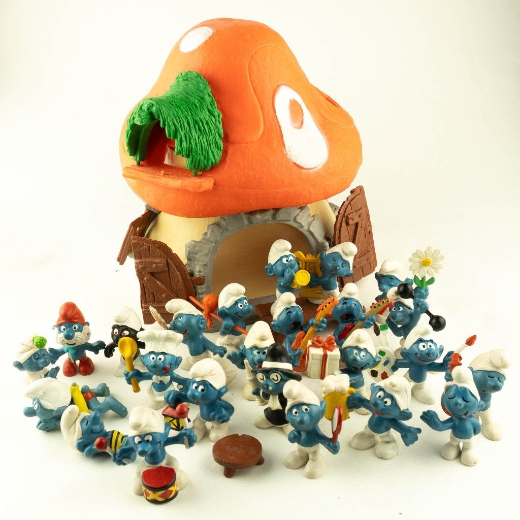 Smurfen huisje met 24 Smurfen figuren - Vintage collectie, Verzamelen, Niet bekend, vintage product, Verschillende Smurfen, Peyo / Schleich