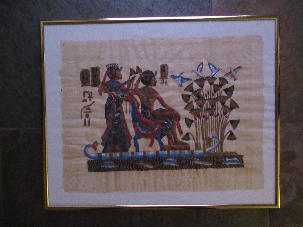 EGYPTISCHE Kunst op papyrus geschilderd in lijst 51 x 41 cm, Schilderij, Natuurlijk materiaal, Afrika, Ophalen of Verzenden