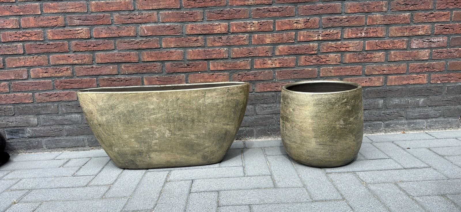 Set van 2 gouden plantenbakken - Rond en Ovaal, Ophalen, Zo goed als nieuw, Rond, Overige materialen