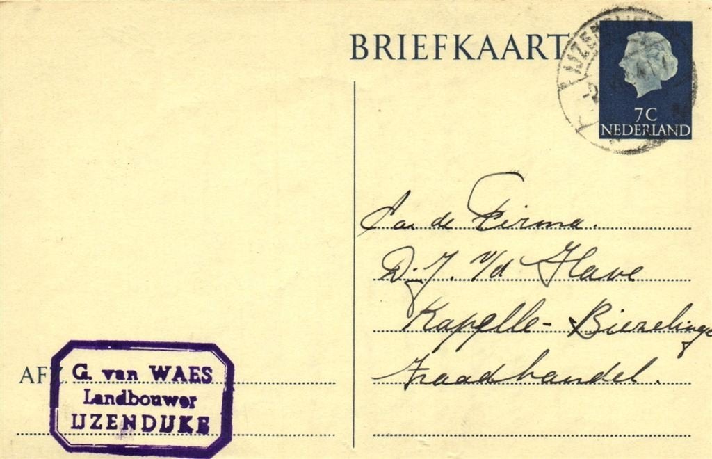 G. van Waes, Landbouwer, IJzendijke - 06.1954 - briefkaart, Ophalen of Verzenden, Briefkaart