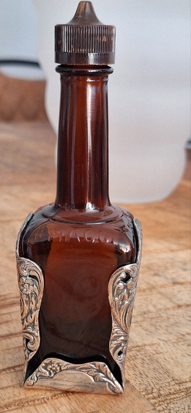 Antieke Maggi fles met verzilverde houder - Gero 90, Ophalen of Verzenden
