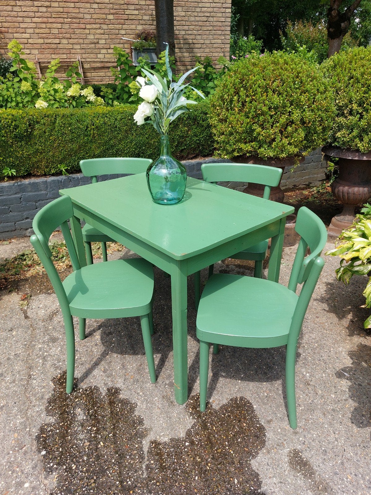 Leuk groen houten tafeltje met stoelen., Ophalen, Gebruikt, Hout, 2 zitplaatsen