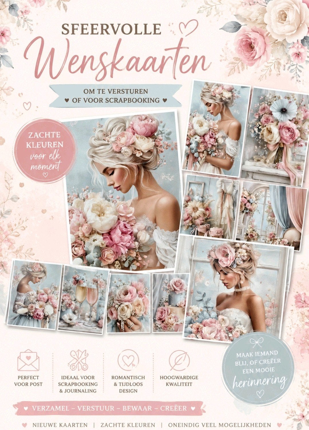 🌸Romantische kaarten bruidje met blanco achterzijde, Ophalen of Verzenden, 1980 tot heden, Ongelopen