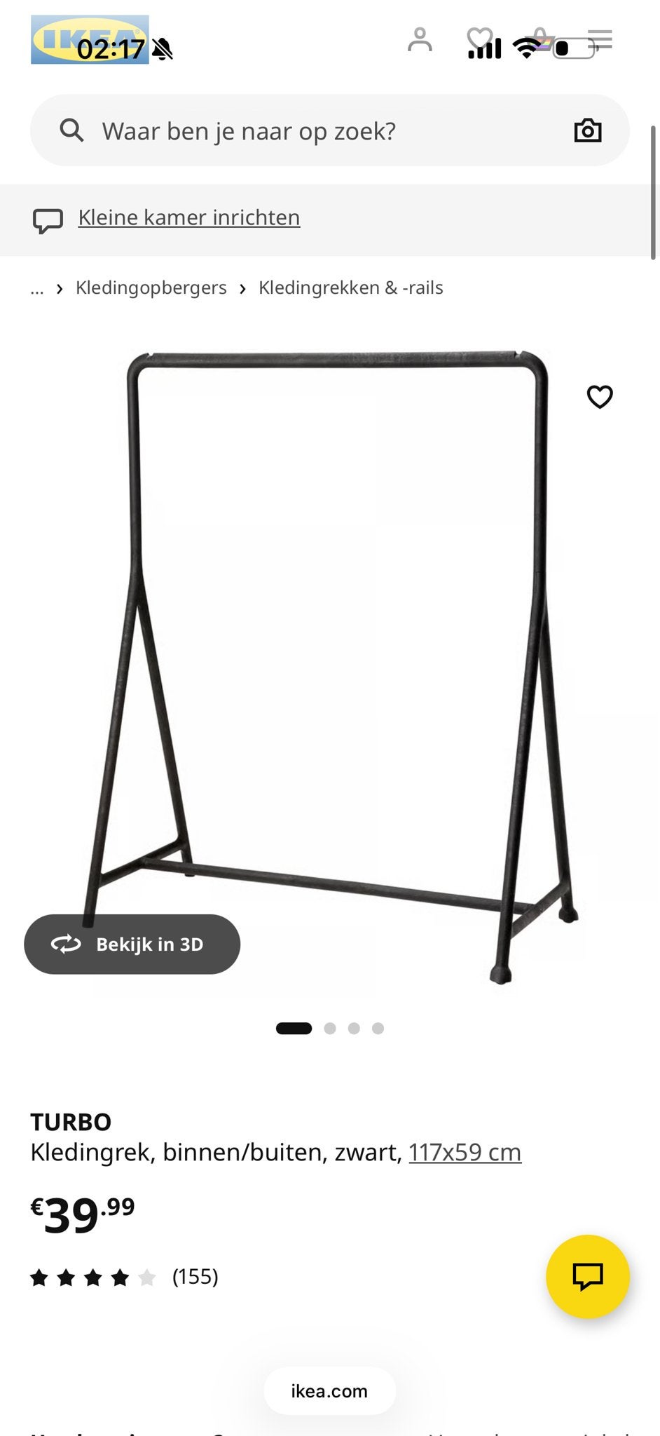 IKEA Turbo Kledingrek - Zwart, 117x59 cm, Kleding | Dames, Kledingrekken, Ophalen, Zo goed als nieuw