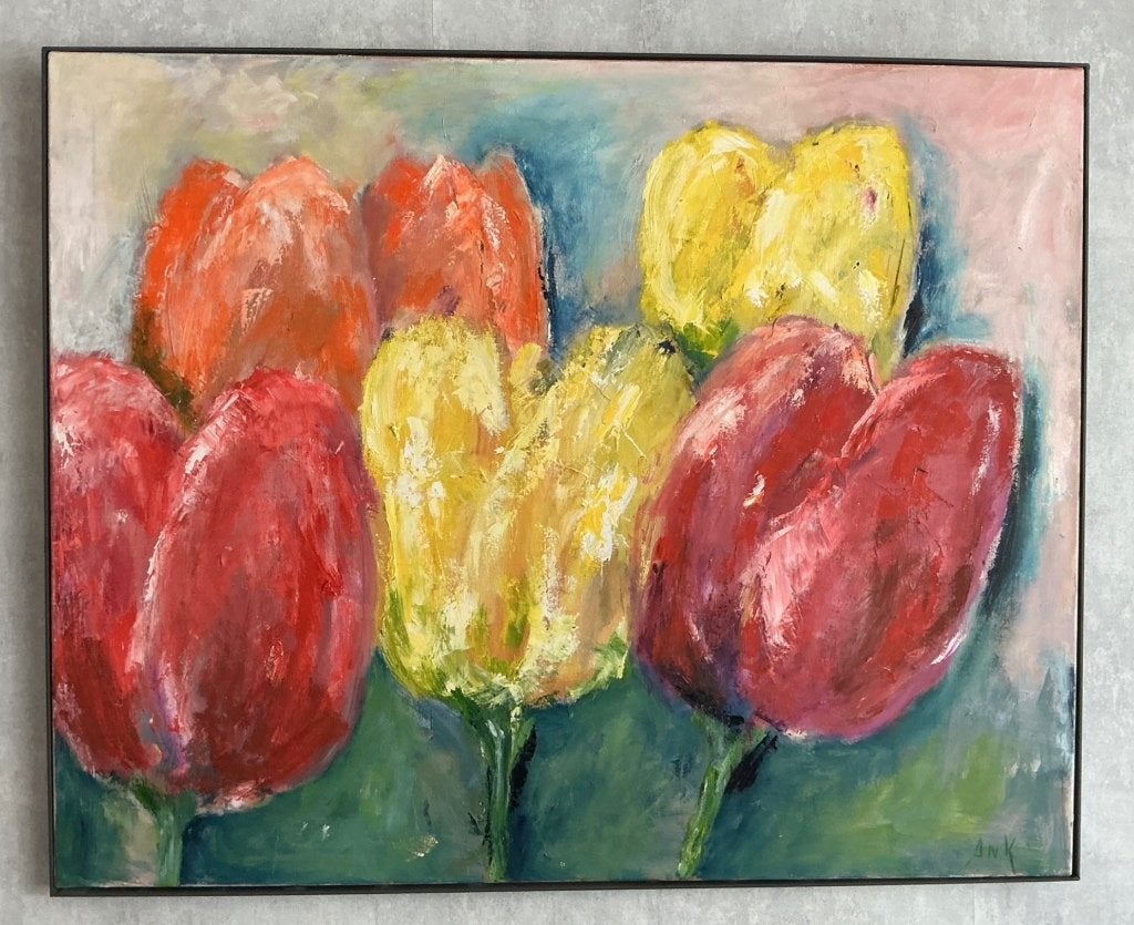 Tulpenschilderij olieverf, Olieverf, Overige materialen, Bloemen, Gesigneerd