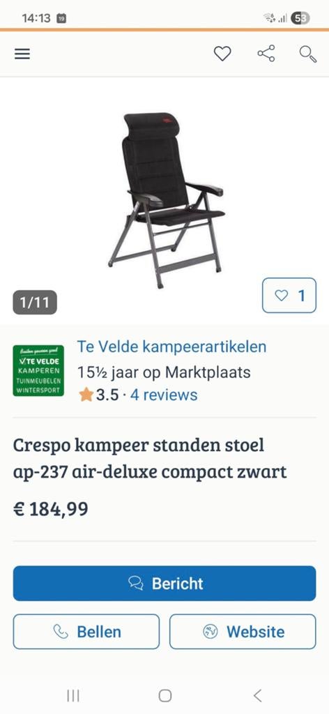 2x Crespo stoel ap-237 air-deluxe compact zwart + voetenbank, Caravans en Kamperen, Kampeermeubelen, Ophalen, Zo goed als nieuw