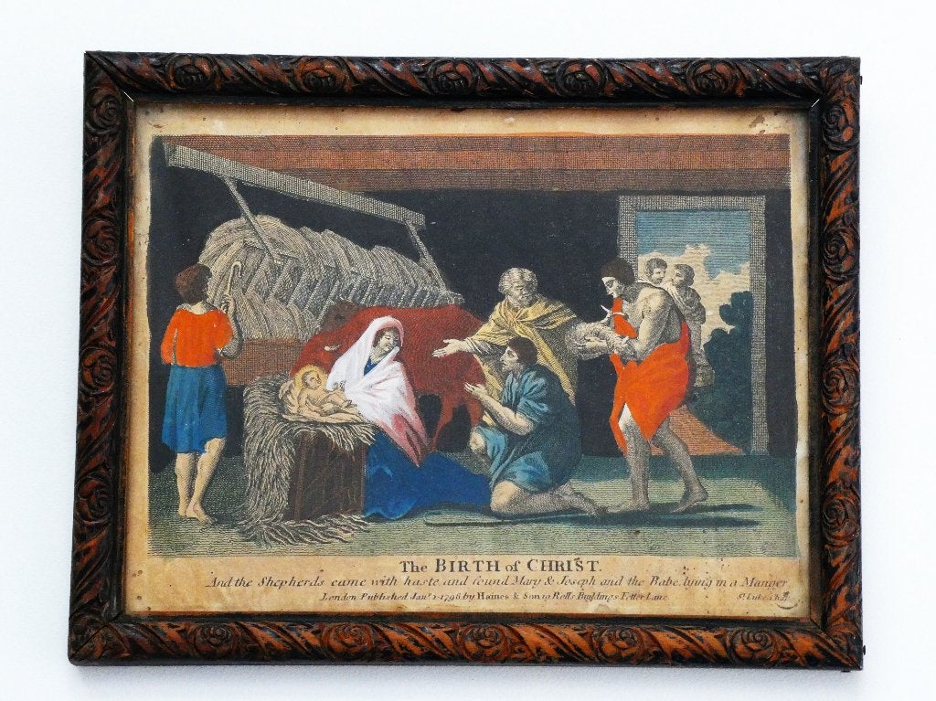 Britse gravure uit 1796 van The Birth of Christ kerststal, 26 cm, Religie, Ingelijst, Ophalen of Verzenden