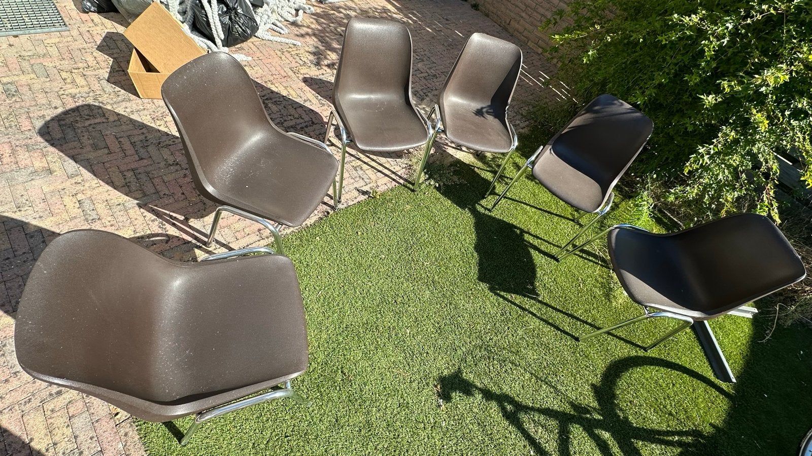 Set van 6 vintage Europa stoelen, design Helmut Starke, Huis en Inrichting, Stoelen, Kunststof, Gebruikt, Bruin, Ophalen of Verzenden