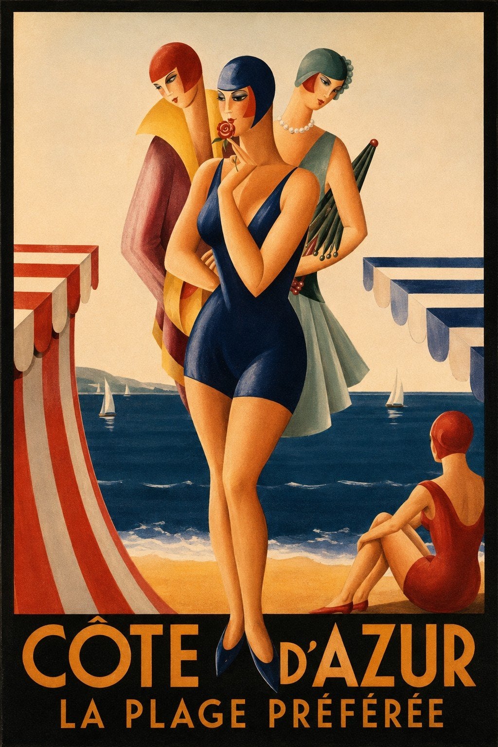 Art Deco Côte d'Azur Poster - La Plage Préférée, Ophalen of Verzenden, Zo goed als nieuw