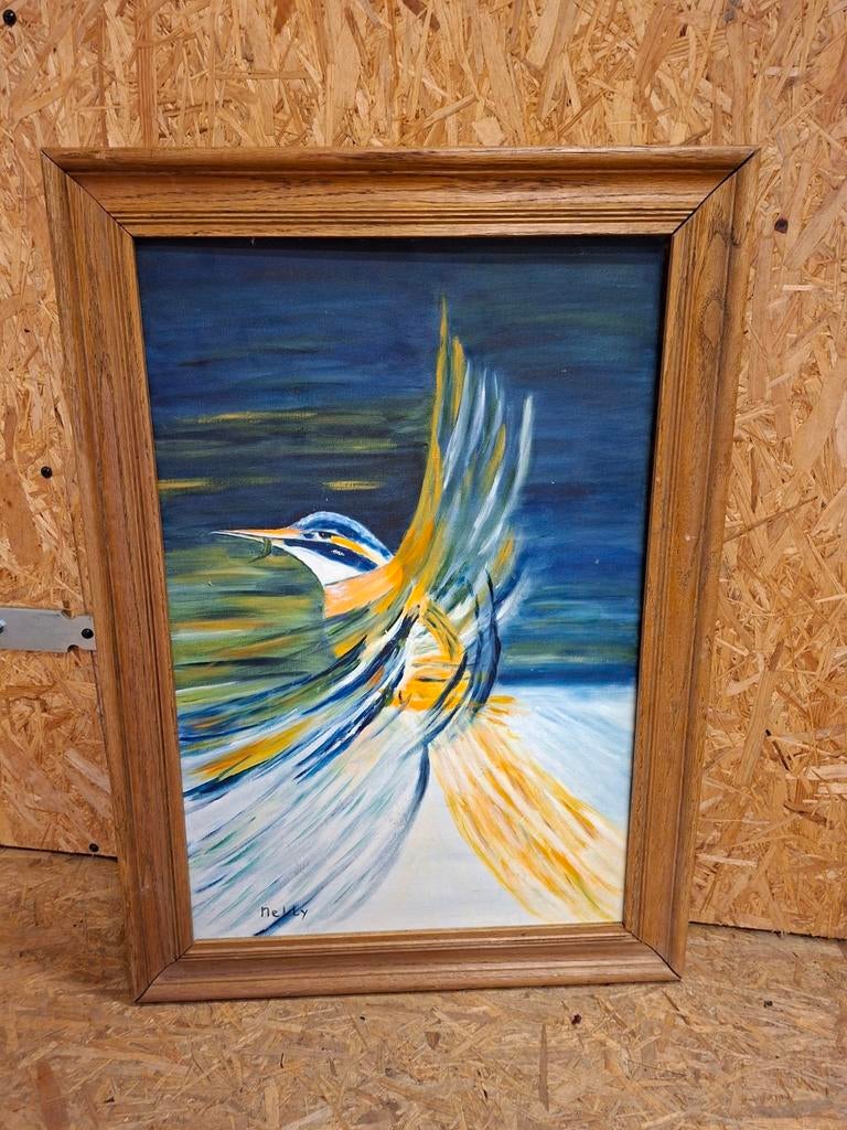 Mooi groot schilderij ijsvogel 70 x 50 cm, Ophalen of Verzenden