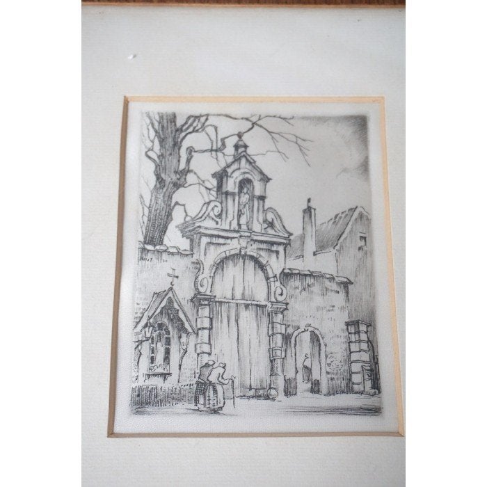 # Begijnhof in gent druktechniek op stof of zijde, Antiek en Kunst, Kunst | Etsen en Gravures, Ophalen of Verzenden, Landschap