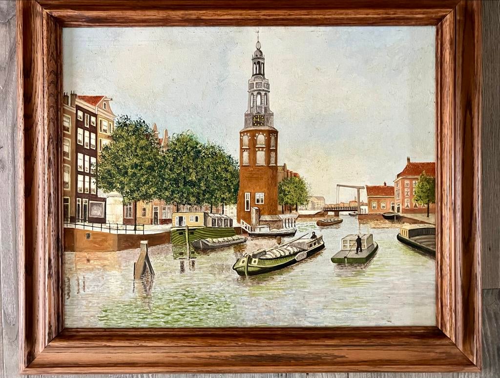 Stadsgezicht Montelbaanstoren, olieverf op paneel, Antiek en Kunst, Ophalen of Verzenden