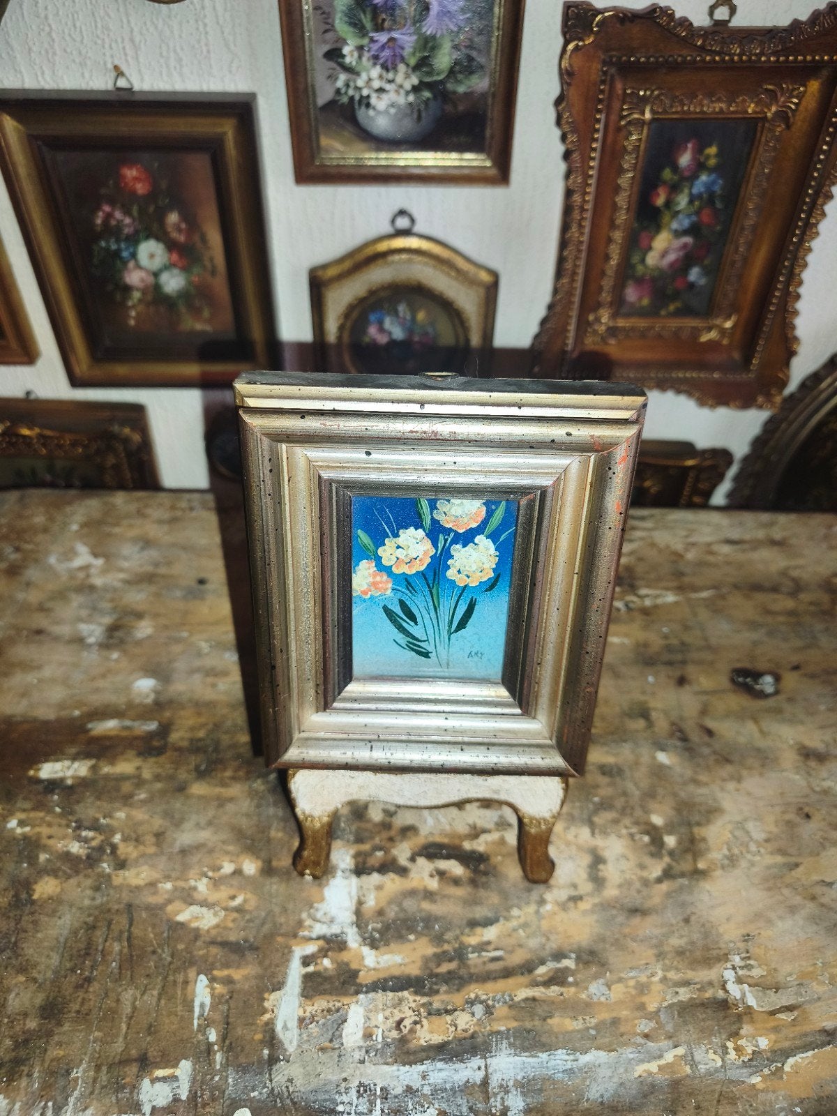 oud schilderijtje schilderij lijst stilleven bloemen Y81, Ophalen of Verzenden