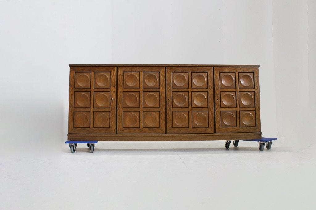 Vintage Brutalist Sideboard 1970s Gerhard Bartels, Eikenhout, Met lade(s), Ophalen of Verzenden, 200 cm of meer