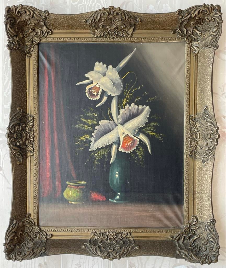Vintage schilderij met orchideeën in sierlijke lijst, Antiek en Kunst, Kunst | Schilderijen | Klassiek, Ophalen