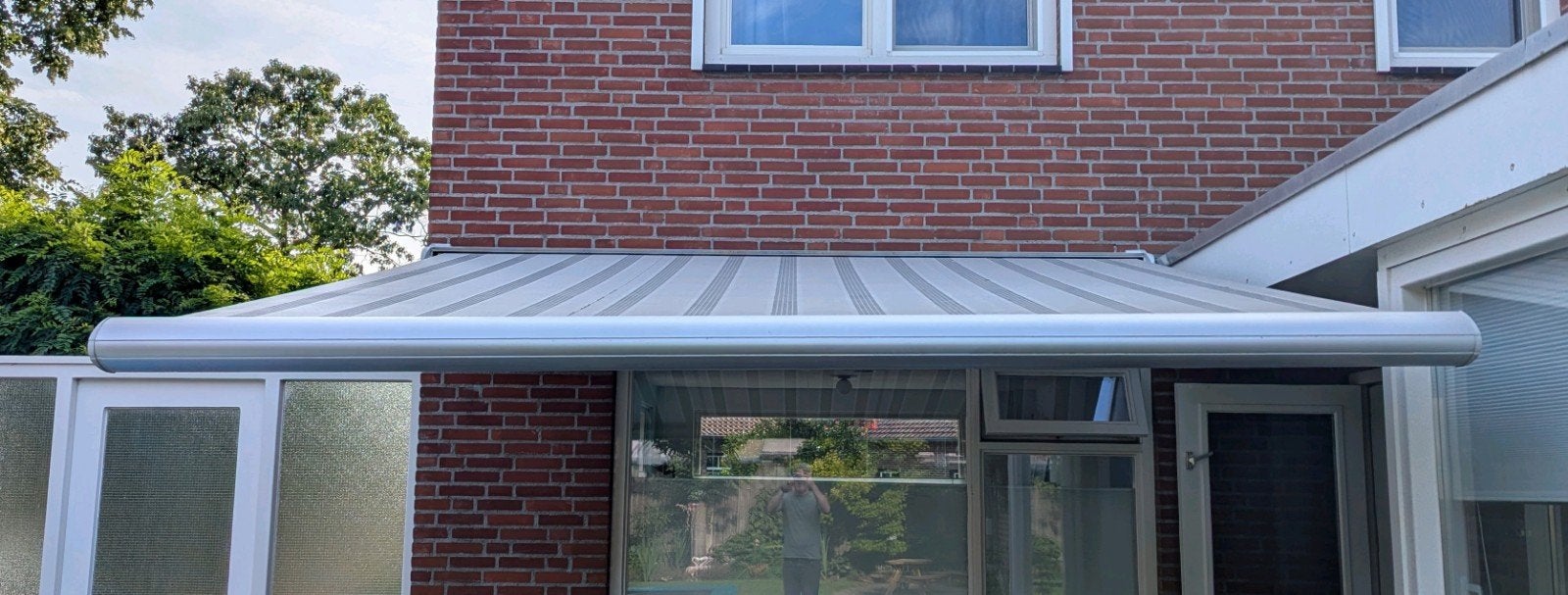 Elektrisch Somfy Zonbescherming 315x310 cm, Tuin en Terras, Ophalen, Gebruikt, Elektrisch, 250 cm tot 450 cm