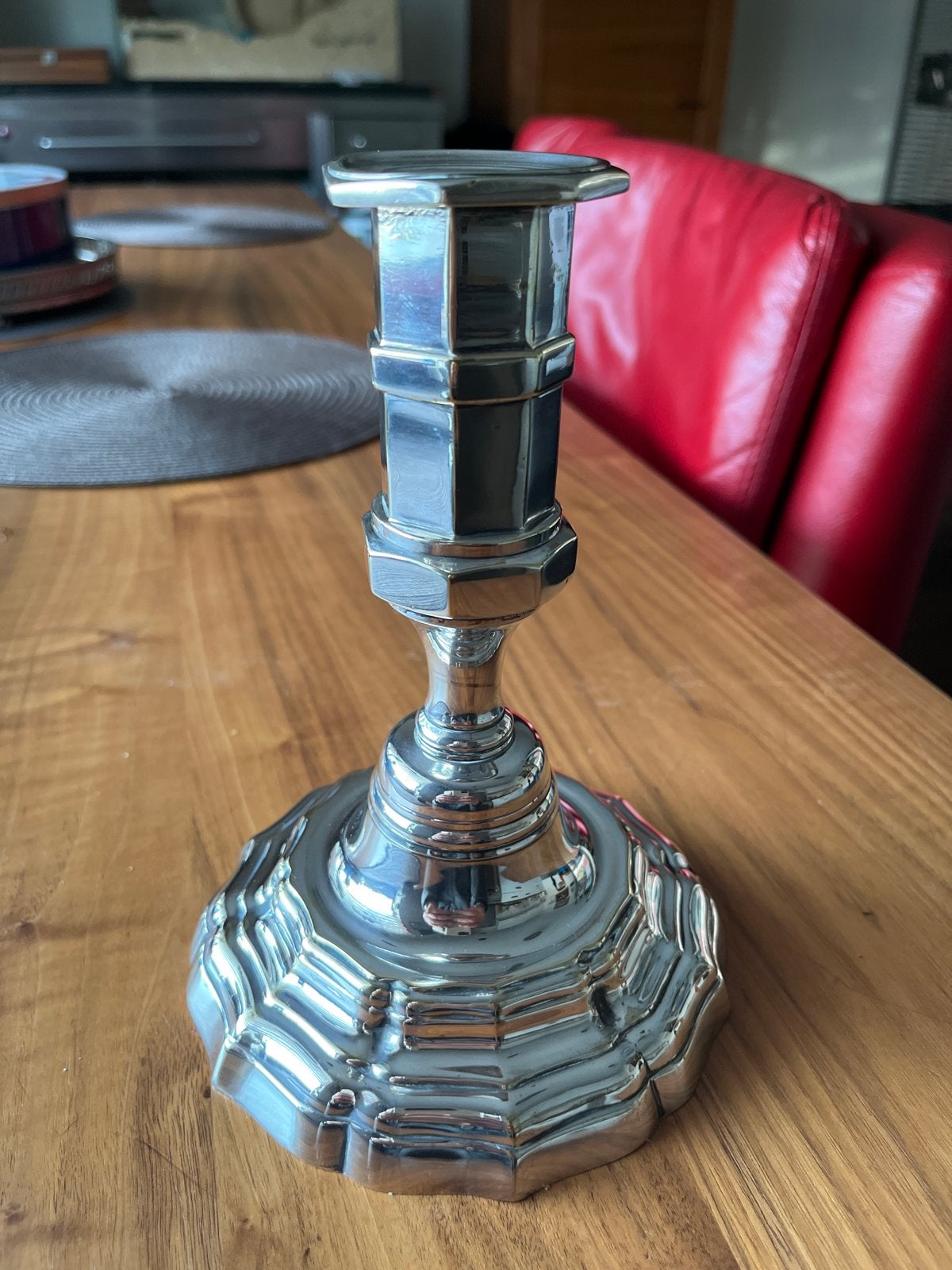 Antieke verzilverde kandelaar, achthoekig model, Ophalen of Verzenden, Zilver