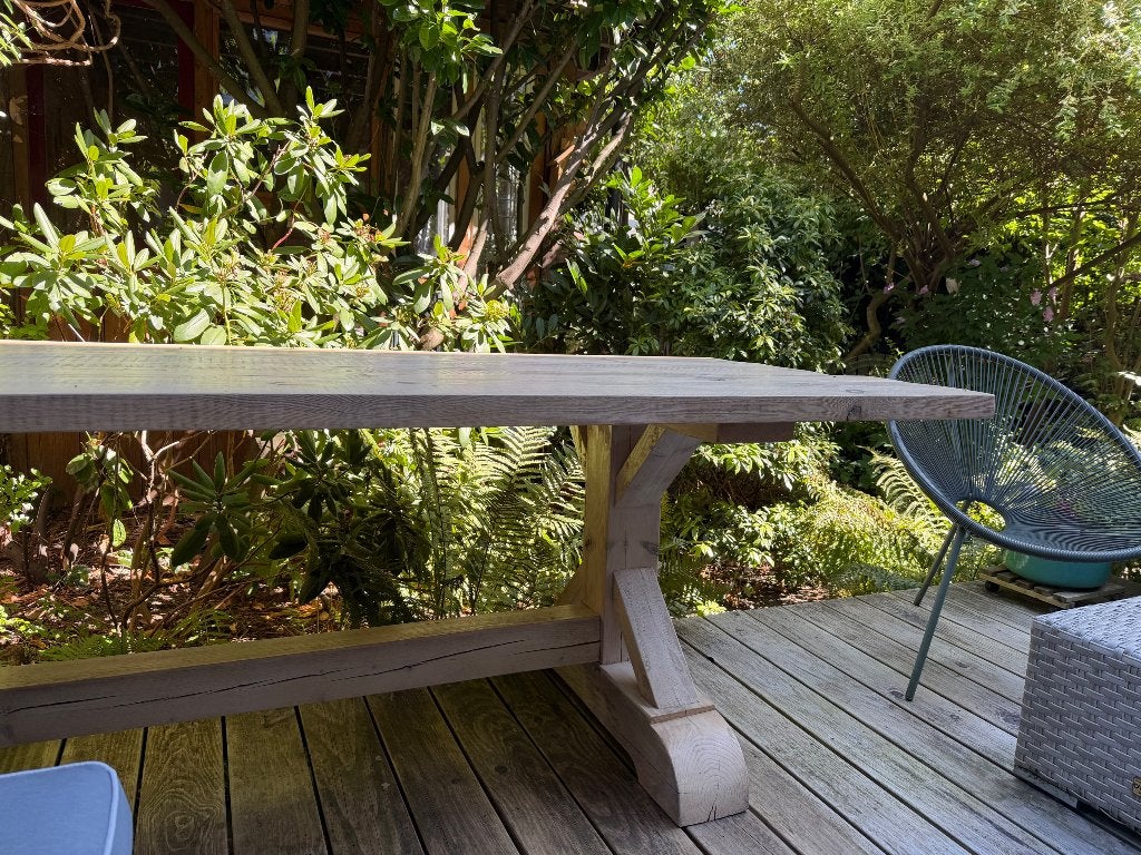 Massief houten eetkamer tafel, Ophalen, 100 tot 150 cm, 200 cm of meer, Kloostertafel