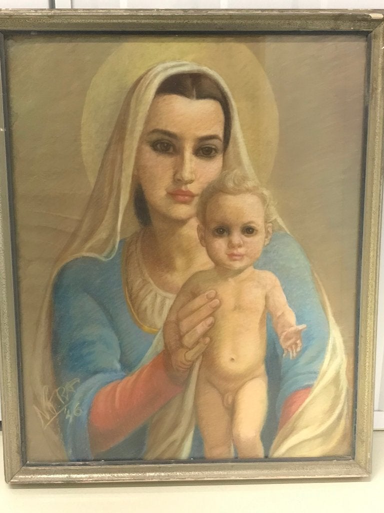 aquarel pastel madonna moeder met kind 1946, Portret of Personen, Expressionistisch, Ophalen of Verzenden, Gedateerd
