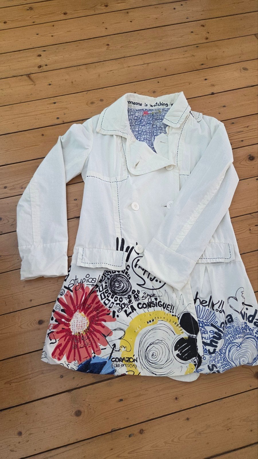 Desigual Jas - Witte jas met kleurrijke print, Maat 38/40 (M), Wit, Ophalen of Verzenden, Zo goed als nieuw