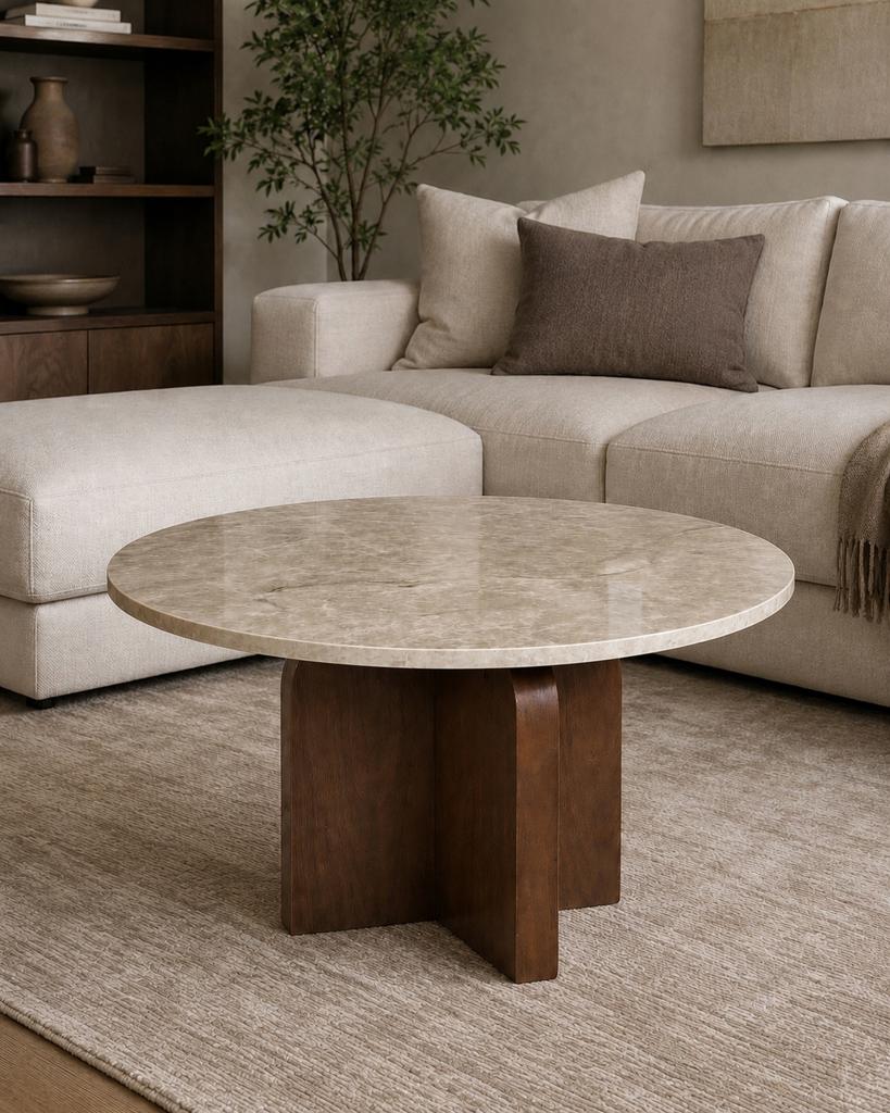 Luxe salontafel 100 cm marmeren blad & Walnootkleurige poot, Huis en Inrichting, Tafels | Salontafels, Japandi, 100 tot 150 cm